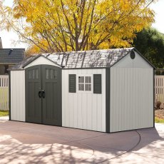 12.5x8 Lifetime Plastic Shed (with Single Entry) - doors closed with background