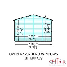 20x10 Shire Overlap Apex Workshop Shed - Double Doors - Windowless - side dimensions
