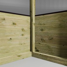 Interior corner detail of Mercia wooden greenhouse showing timber frame and base panels