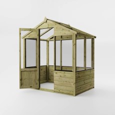 Mercia 4x6 wooden greenhouse with double doors open showing interior growing space