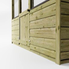 Close-up of timber base panels on Mercia wooden greenhouse showing construction detail