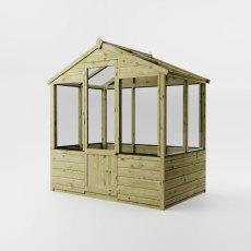 Mercia 4x6 wooden greenhouse with apex roof and full glazing, angled front view