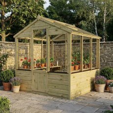 Mercia traditional 6x6 wooden greenhouse in garden setting with full glazing and timber base