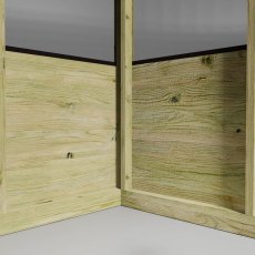 Interior corner view of Mercia greenhouse showing timber frame and lower panels