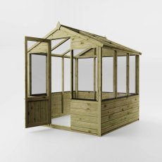 Mercia 6x6 traditional greenhouse angled view with door open and glazed panels