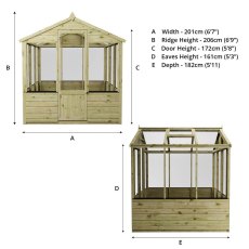 Technical dimensions diagram of Mercia 6x6 greenhouse front and side elevations