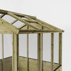 Roof frame detail of Mercia traditional greenhouse showing timber structure and glazing bars