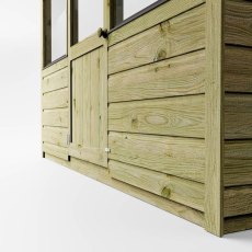 Timber base panel detail of Mercia 6x6 greenhouse with horizontal cladding