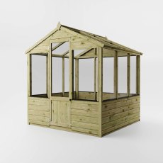 Mercia wooden greenhouse 6x6 front corner view showing glass panels and frame