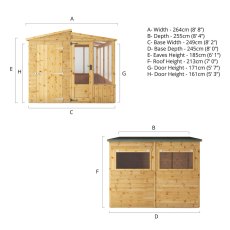 8 X 8 (2.49m X 2.53m) Mercia Premium Greenhouse And Shed Combi - dimensions