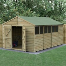 10 x 15 Forest 4Life Overlap Apex Wooden Shed with Double Doors - angled shed with door open