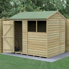 8 x 6 Forest 4Life Overlap Reverse Apex Wooden Shed - insitu and angled with door open