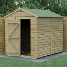 8 x 6 Forest 4Life Overlap Windowless Apex Wooden Shed - insitu with door open