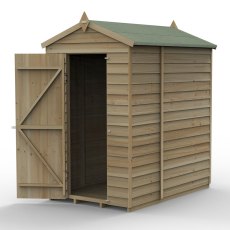 6 x 4 Forest 4Life Overlap Windowless Apex Wooden Shed - isolated front elevation with door hinged