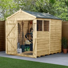8 x 6 Forest 4Life Overlap Apex Wooden Shed with Double Doors - insitu with doors open