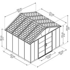 11 x 9 Palram Yukon Plastic Apex Shed - Dark Grey - dimensions