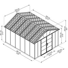 11 x 13 Palram Yukon Plastic Apex Shed - Dark Grey - dimensions