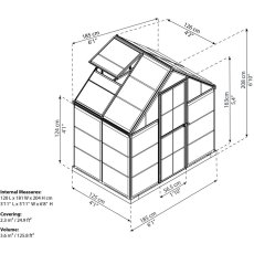 6 x 4 Palram Harmony Greenhouse in Silver - dimensions