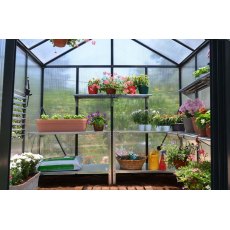 8 x 12 Palram Glory Greenhouse in Anthracite - interior with optional shelving and staging