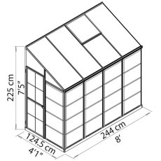 8 x 4 Palram Lean To Grow House Greenhouse in Silver - dimensions