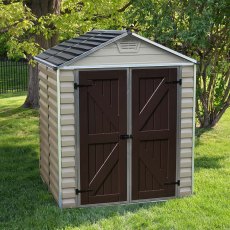 6x5 Palram Skylight Plastic Apex Shed  - Tan - background with doors closed