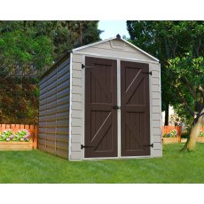 6x8 Palram Skylight Plastic Apex Shed - Tan - with background and doors closed