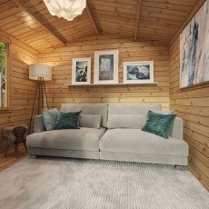 2.6m x 3.3m Mercia Log Cabin 19mm Logs - living room set up