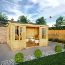 Angled front view of Mercia Reverse Apex Log Cabin 13x10 with double doors and surrounding greenery.