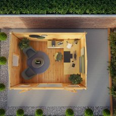 Top-down view of Mercia Reverse Apex Log Cabin 13x10 showing interior layout and furniture placement