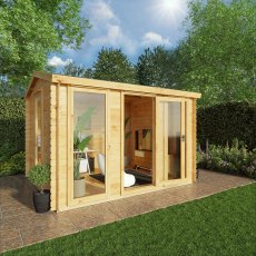 Front garden view of a 12x10 Mercia Apex Log Cabin with double glass doors and windows, showcasing the outdoor setting.