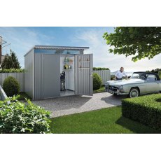 8 x 7 Biohort AvantGarde A5 Metal Shed - Double Door - Metallic quartz grey in situ with car