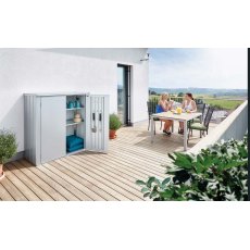 Biohort Patio Romeo Locker - Medium - In situ with people at table