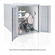 5 x 7 Biohort MiniGarage - Metallic Silver with doors open showing pram and shelving