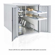5 x 7 Biohort MiniGarage - Metallic Silver with doors open and shelving pulled forward