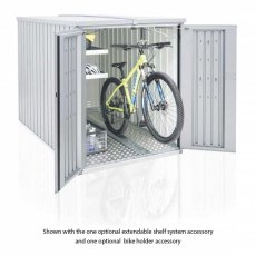 5 x 7 Biohort MiniGarage - Metallic Silver with doors open with bike on bike rack and shelving