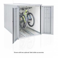 5 x 7 Biohort MiniGarage - Metallic Silver with doors open showing two bikes
