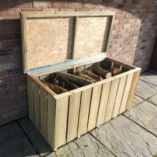 4 x 2 Shire Pressure Treated Log Box with Sawn Timber - insitu, lid open, and filled with logs