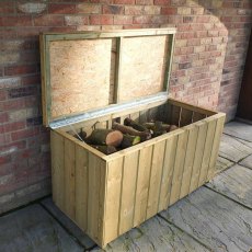 4 x 2 Shire Pressure Treated Log Box with Planed Timber - alternate angle insitu, lid open, and full