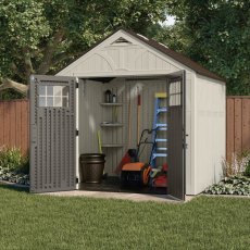 8x7 Suncast Tremont Plastic Shed - in situ, angle view, doors open