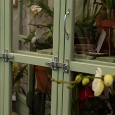 Thorndown Wood Paint - Sedge Green - Painted on a Tall Wall Greenhouse - detail of door