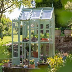 Thorndown Wood Paint - Sedge Green - Painted on a patio greenhouse