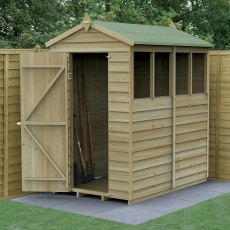 6 x 4 Forest 4Life Overlap Apex Wooden Shed - with 4 Windows - in situ with door open