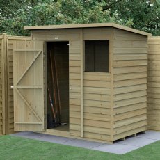 6 x 4 Forest 4Life Overlap Pent Wooden Shed - in situ with door open