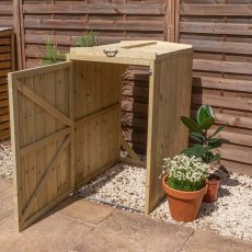 Mercia Premium Single Wheelie Bin Store - Pressure Treated - in situ, angle view, doors open