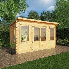 13x10 Mercia Pent Log Cabin in 19mm Logs - in situ, angle view, door closed