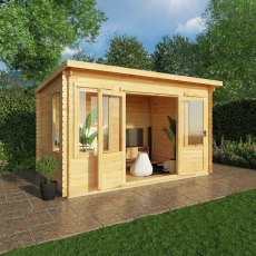 13x10 Mercia Pent Log Cabin in 19mm Logs - in situ, angle view, door open