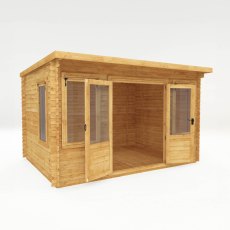 13x10 Mercia Pent Log Cabin in 19mm Logs - isolated angle view, doors open