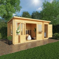 16x10 Mercia Pent Log Cabin with Side Shed in 19mm Logs - in situ, angle view, doors open