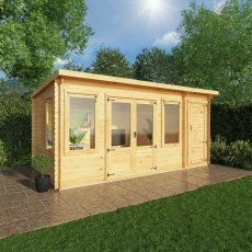 16x10 Mercia Pent Log Cabin with Side Shed in 19mm Logs - in situ, angle view, doors closed