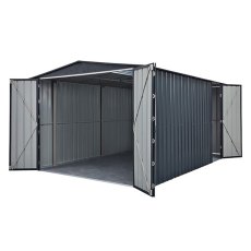 isolated image of the double doors and side door open on the10x23 Lotus Apex Garage in Anthracite Gr